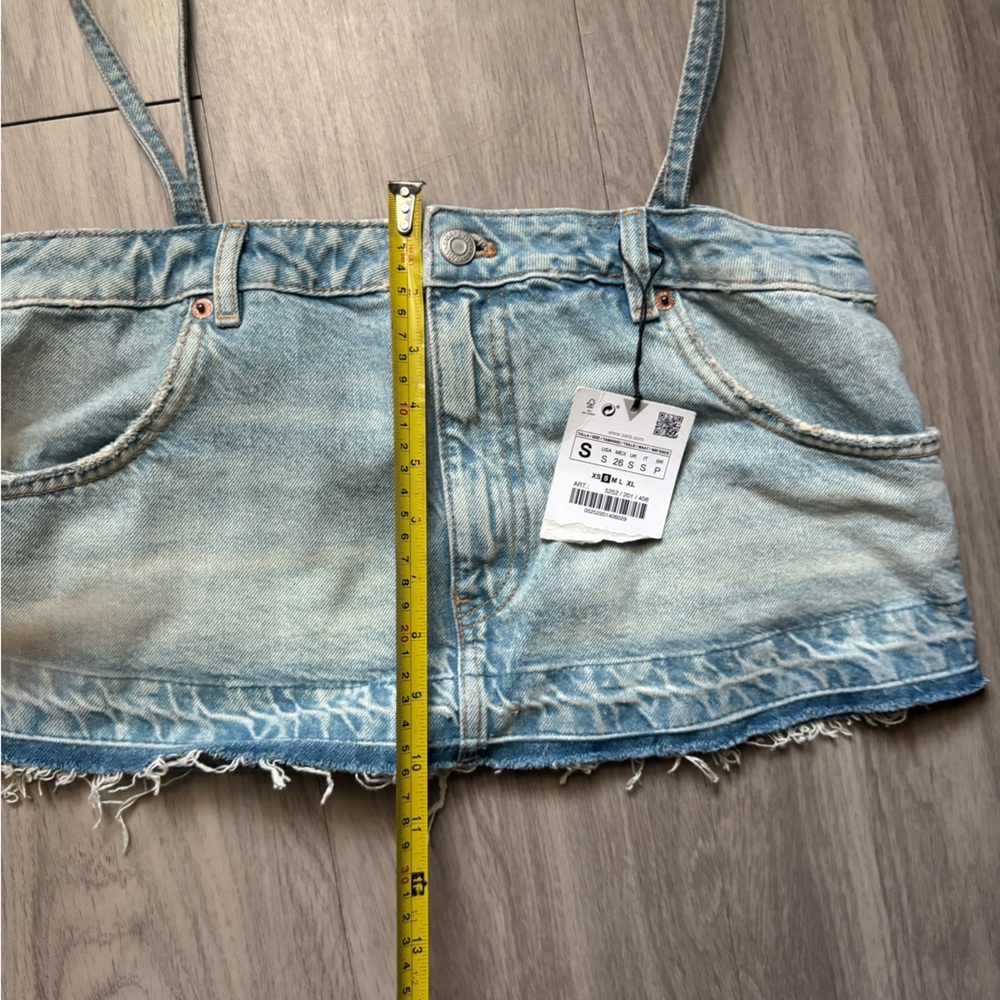 ZARA Skirt Effect Crop Denim Spaghetti Straps Jean Tank Top Small NWT - Picture 7 of 8